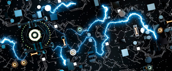 Futuristic style circuit board with illuminated processor sending electric pulses of information along the wires concept 3d render