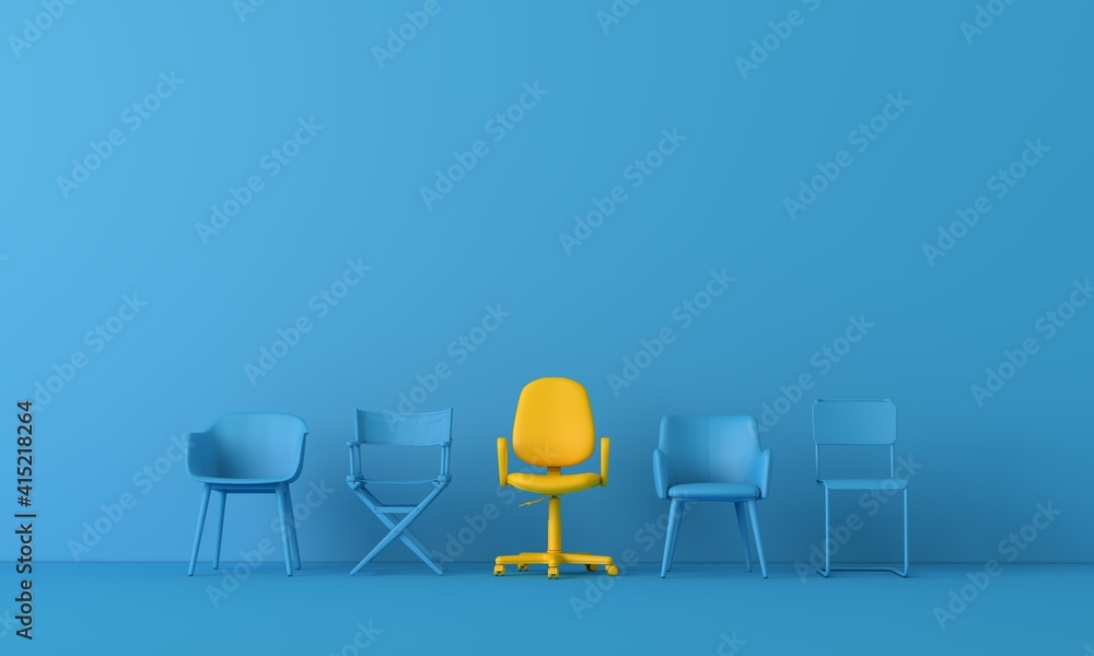 Yellow chair standing out from the crowd. Business concept. 3D rendering - obrazy, fototapety, plakaty 