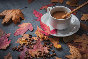 Still life- autumn motif. Breakfast- cup of coffee is on the table