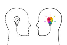 Human Head Made Of Dotted Line And Light Bulb With Question Mark In Comparison With Continuous Profile Line And Colorful Lightbulb As Creative Thinking And Idea Concept