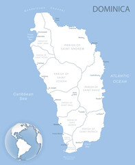 Blue-gray detailed map of Dominica administrative divisions and location on the globe.