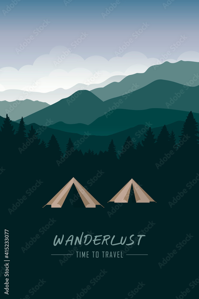 camping adventure tent at green mountain and forest landscape vector illustration EPS10 - obrazy, fototapety, plakaty 