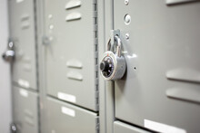 A View Of A Set Of Lockers, Featuring A Combination Dial Padlock.