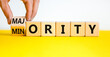 Minority or majority symbol. Businessman turns a cube and changes the word 'minority' to 'majority'. Beautiful yellow table, white background. Minority or majority and business concept. Copy space.