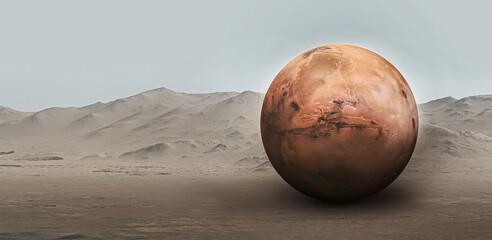 Wall Mural - red planet mars surface. exploration and expedition on red planet. sphere of mars in space. elements