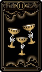 Wall Mural - Three of cups. Card of Minor arcana black and gold tarot cards. Tarot deck. Vector hand drawn illustration with occult, mystical and esoteric symbols.