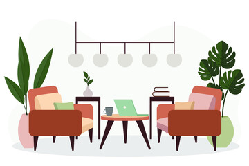 Stylish apartment interiors in Scandinavian style with modern decor. Cozy furnished living room. Cartoon flat vector illustration. Bright, stylish and comfortable furniture with indoor plants. 