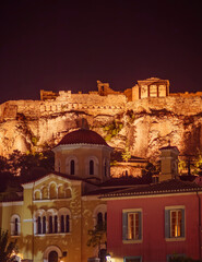 Wall Mural - night in Athens Greece, Acropolis and old church at Plaka old neighborhood  scenic view