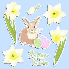 Wall Mural - Set of stickers with Easter eggs, rabbit and flowers