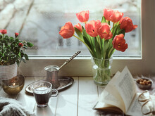 Oriental Coffee In Traditional Turkish Copper Coffee Pot With Flowers On Window Sill. Wooden Windowsill With Bunch Of Tulips Book. Cold Rainy Day In Spring. Cozy Scene, Hygge Concept.