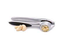 Garlic Press With Crushed Clove Isolated On White 