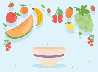 Poster - Healthy food fruits set with bowl vector design