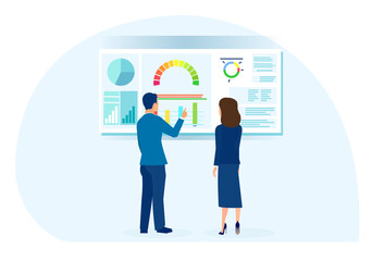 Wall Mural - vector of a business man and businesswoman analyzing financial data