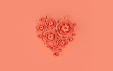 Wall Mural - Paper elegant flowers on orange background. Valentine's day, Easter, Mother's day, wedding greeting card. 3d render spring or summer flowers illustration in paper art style, heart shape