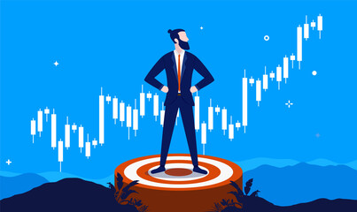 Aufkleber - Financial target - Businessman standing on target with rising graph in background. Economic goals and growth concept. Vector illustration.