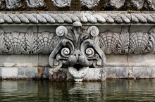 Detail Of An Ornate Fountain Head In A Stately Garden, UK