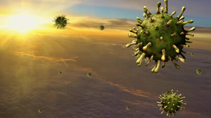 Wall Mural - 3D illustration flu coronavirus floating through the clouds at dusk or dawn. Wonderful view of the sky and clouds with the sun from above at sunset. Pandemic of Covid 19 virus infection concept.-Dan