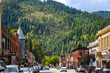 Main street with it's turn of the century brick buildings in the historic mining town of Wallace, Idaho, in the Silver Valley area of Northwest USA