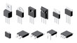 Transistors Set Isolated on White Background. Isometric Electronic Components. Icons Set.
