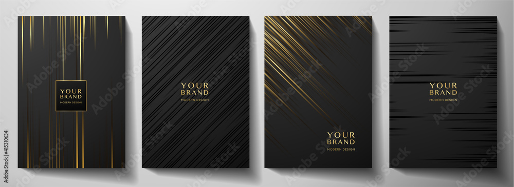 Modern black stripe cover design set. Luxury creative gold dynamic diagonal line pattern. Formal premium vector background for business brochure, poster, notebook, menu template  - obrazy, fototapety, plakaty 