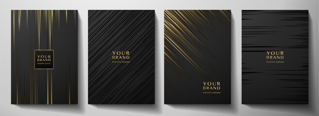 modern black stripe cover design set. luxury creative gold dynamic diagonal line pattern. formal pre