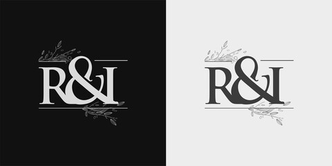 RI Initial logo, Ampersand initial Logo with Hand Draw Floral, Initial Wedding Font Logo Isolated on Black and White Background.