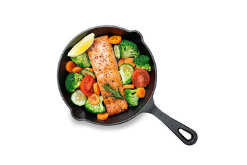 Wall Mural - Baked salmon fillet with broccoli and vegetables mix isolated on white background	