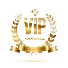 Wall Mural - Golden vip invitation to event with laurel and ribbon. Gold shining elements and text on white background. Elite member celebrity club card template vector illustration or banner