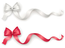 Decorative Red, White Bow With Long Ribbon On A White Background. Holiday Decoration Design Element For Packaging, Gift Box, Postcard, Banner.