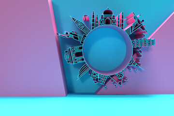 3d travel the world monument concept - 3d render flyer poster design.