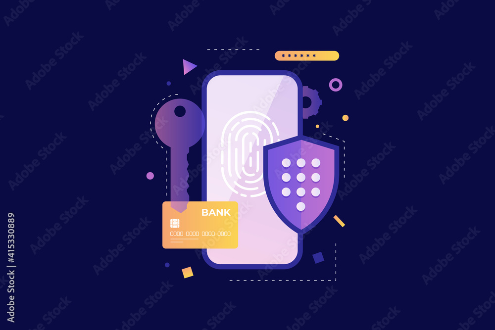 Access to personal information on phone by password or fingerprint. Personal data on smartphone is closed from public use. Personal data protection rules in mobile applications. Vector illustration.