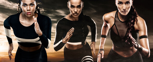 Runners run. A three athlete women sprinter, running outdoor wearing in the sportswear, fitness and sport motivation.