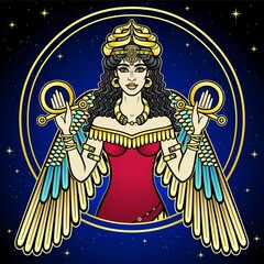 Wall Mural - Cartoon color drawing: beautiful woman in a horned crown, a character in Assyrian mythology. Winged goddess. Ishtar, Astarta, Inanna. Vector illustration isolated on a dark background.