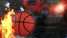 A Basketball Flies Into The Ring. Basketball Ball. Basketball Hoop. Basketball In The Gym. Modern Basketball Arena With Shining Lights And Ball Motion On The Wooden Court. 