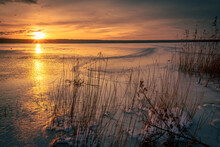 Beautiful Sunset On The Frozen Winter Lake, Zalew Zemborzycki Lublin Poland