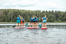 Stand Up Paddle SUP Race Competition. People Rowing With Dragon Boards In SUP Festival.