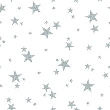 Seamless Pattern With Small Silver Stars On White Background.