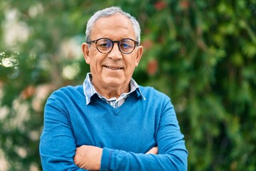 Wall Mural - senior grey-haired man with arms crossed smiling happy standing at the city.