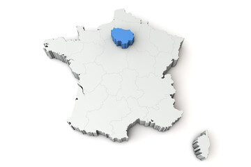 Wall Mural - Map of France showing Ile de France region. 3D Rendering