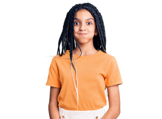 Poster - Cute african american girl wearing casual clothes puffing cheeks with funny face. mouth inflated with air, crazy expression.