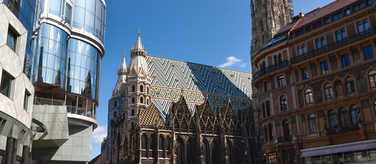 Austria. Vienna. Detail of architecture St. Stephen's Cathedral with roof covering of colored tiles (Stephansdom)