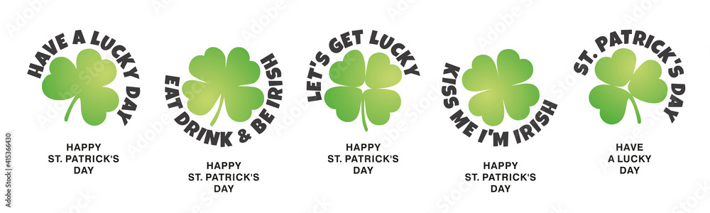 St Patrick's Day stickers label icons design three four leaf clovers on isolated white background banner - obrazy, fototapety, plakaty 