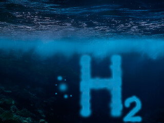 hydrogen h2 letters in a water swirl from the wind in blue water