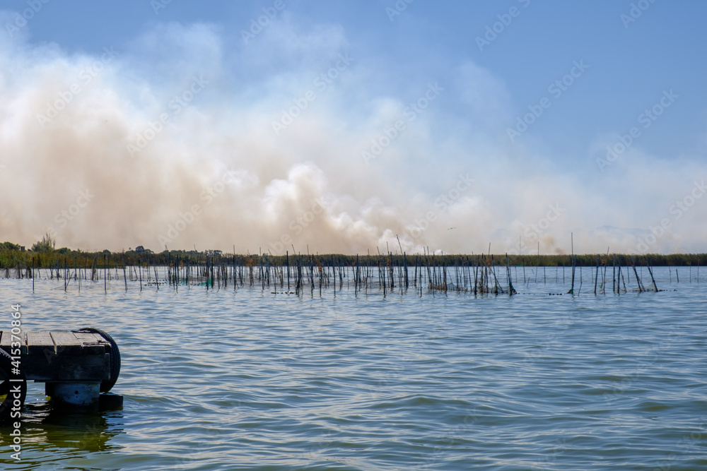 Polluted Rice Farm Burning of rice stubble burning straw in rice farmers in Albufera ...