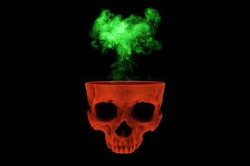 Digital photo collage a skull open at the top. Red skull and green smoke on black background.
