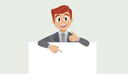 Wall Mural - business man showing blank poster, pointing finger and gesturing thumbs up sign.