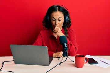 Poster - Beautiful middle age woman working at radio studio feeling unwell and coughing as symptom for cold or bronchitis. health care concept.