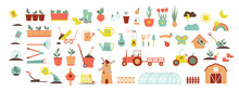 A Set Of Icons For Farm And Agriculture. Plants And Gardening Tools. Plant Planting And Plant Care. Flower Business. Agricultural Machinery And Technology. Icons Like Farmer, Cultivation, Plant, Crop