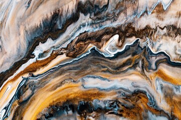 Wall Mural - Fluid art texture. Background with abstract iridescent paint effect. Liquid acrylic picture that flows and splashes. Mixed paints for interior poster. Brown, golden and navy blue overflowing colors