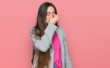 Sticker - Young hispanic girl wearing business clothes tired rubbing nose and eyes feeling fatigue and headache. stress and frustration concept.